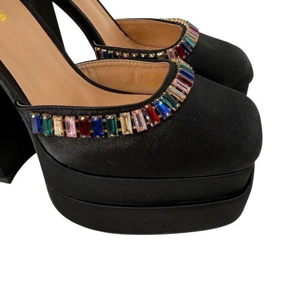 Fashion Nova Aloyse Platform Chunky Heel Rainbow Jeweled Size 8.5 Black Satin - Picture 3 of 11
